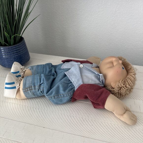 1982 VTG Cabbage Patch Kids Doll Boy Blonde Blue Eyes Dimples Jeans Vest Shoe - Picture 7 of 16
